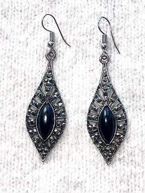Vintage Marcasite Shield Earrings - Black Teardrop - Art Deco "Goth Glam" vibe.